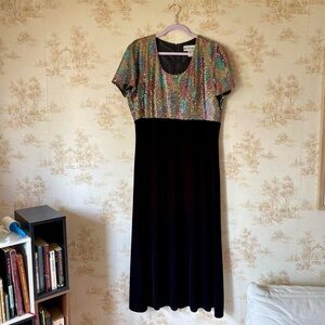 Vintage 80s rainbow sequin black velvet New Year’s Eve holiday whimsigoth dress